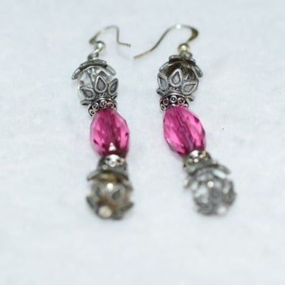 Vintage Victorian Fushia Center/ Clear Top/Bottom Beads  Dangle/Drop Earrings